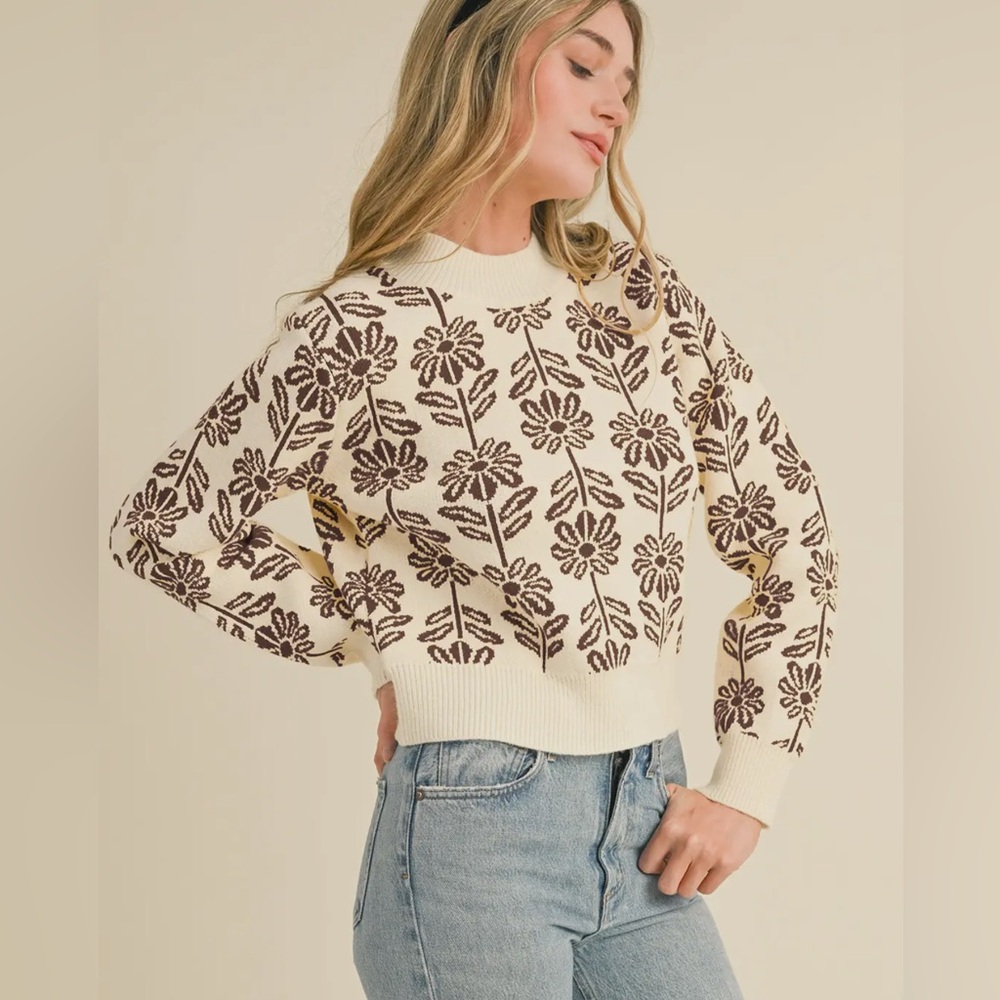 &merci, Chocolate Brown Floral Pattern Knit Sweater, Size S/M/L